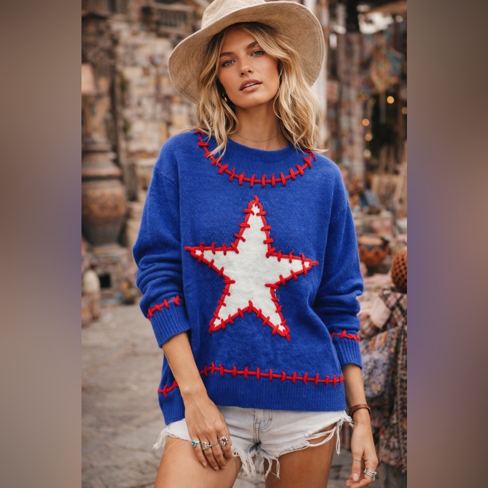Blue Star-Front Crewneck Sweater with Red Stitching